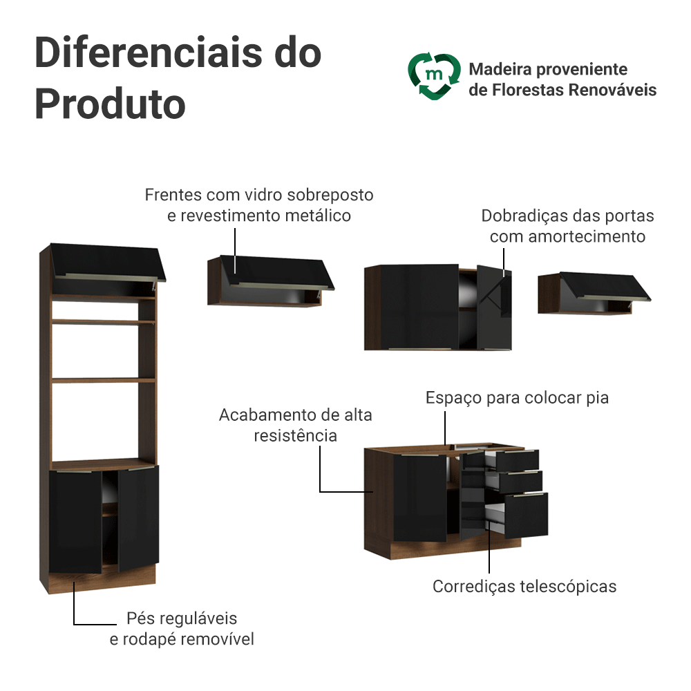 Armário de Cozinha Completa 350 cm Rustic/Preto Lux Madesa 01