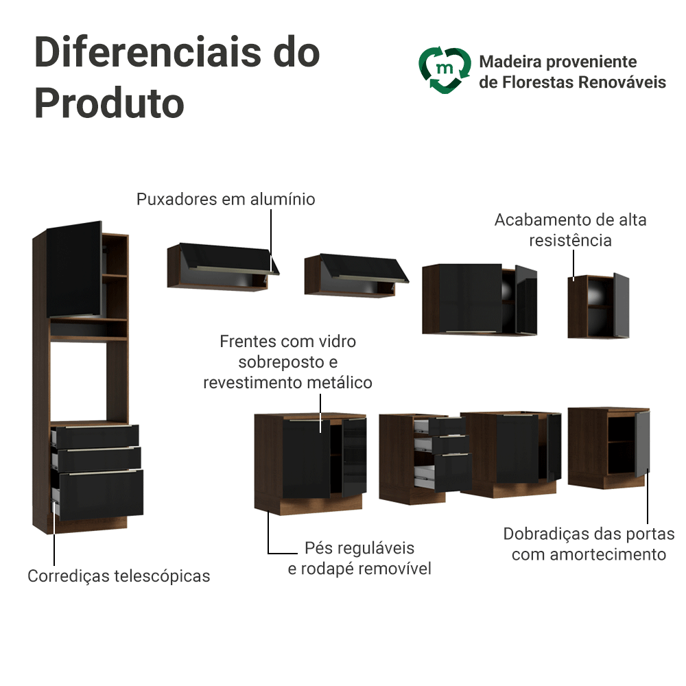 Armário de Cozinha Completa 400 x 60 cm Rustic/Preto Lux da Thauane Madesa