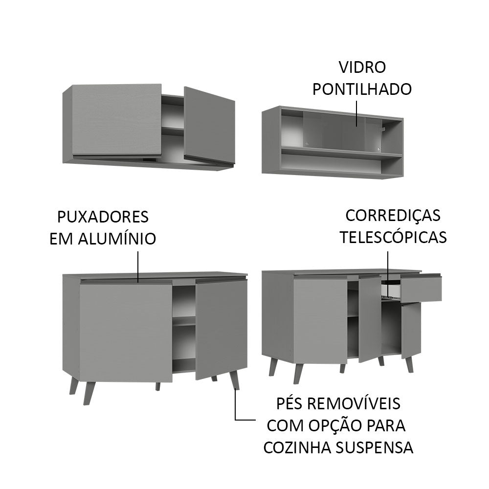 Armário de Cozinha Completa 240cm Cinza Nice Madesa 02
