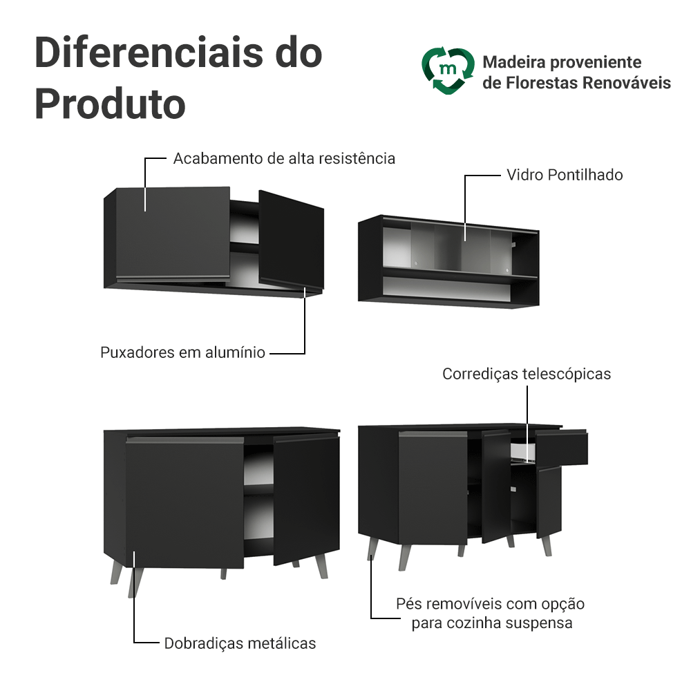 Armário de Cozinha Completa 260 cm Preto Nice Madesa 02