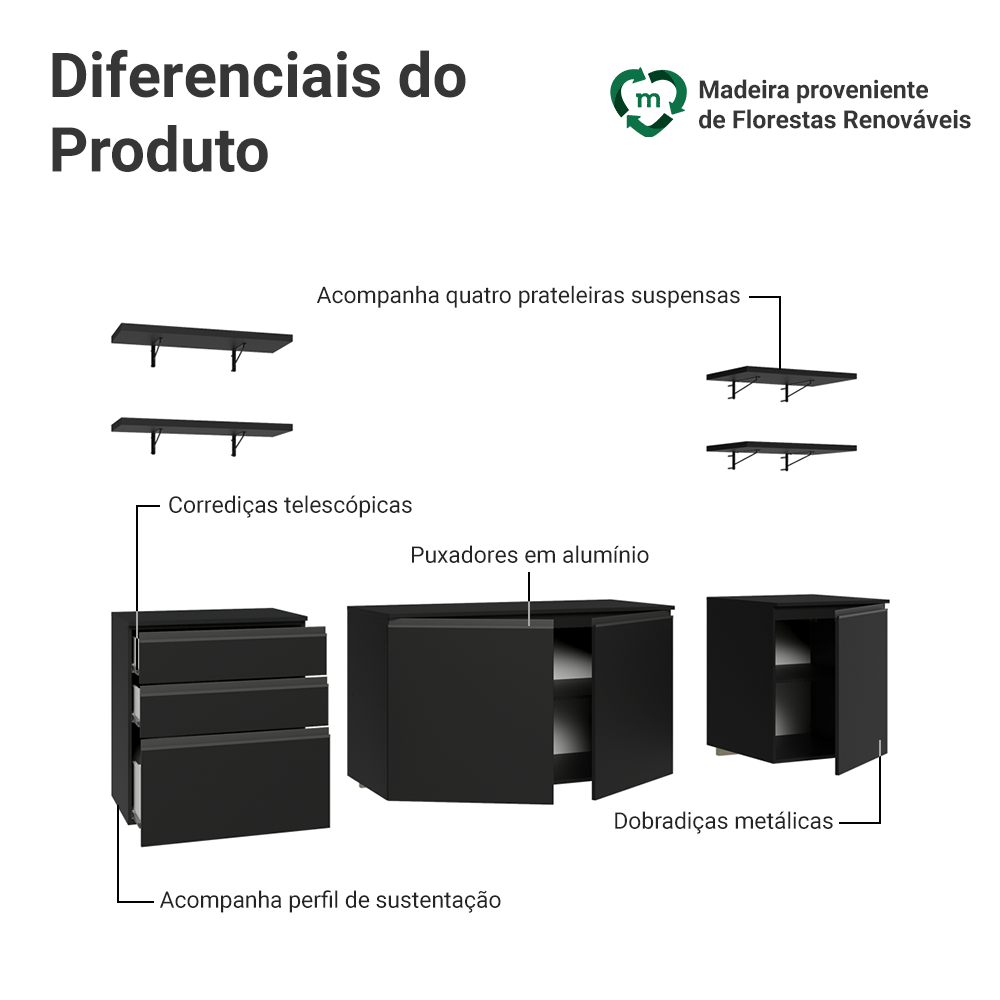 Armário de Cozinha Completa 240 cm Suspenso Preto Nice Madesa 10