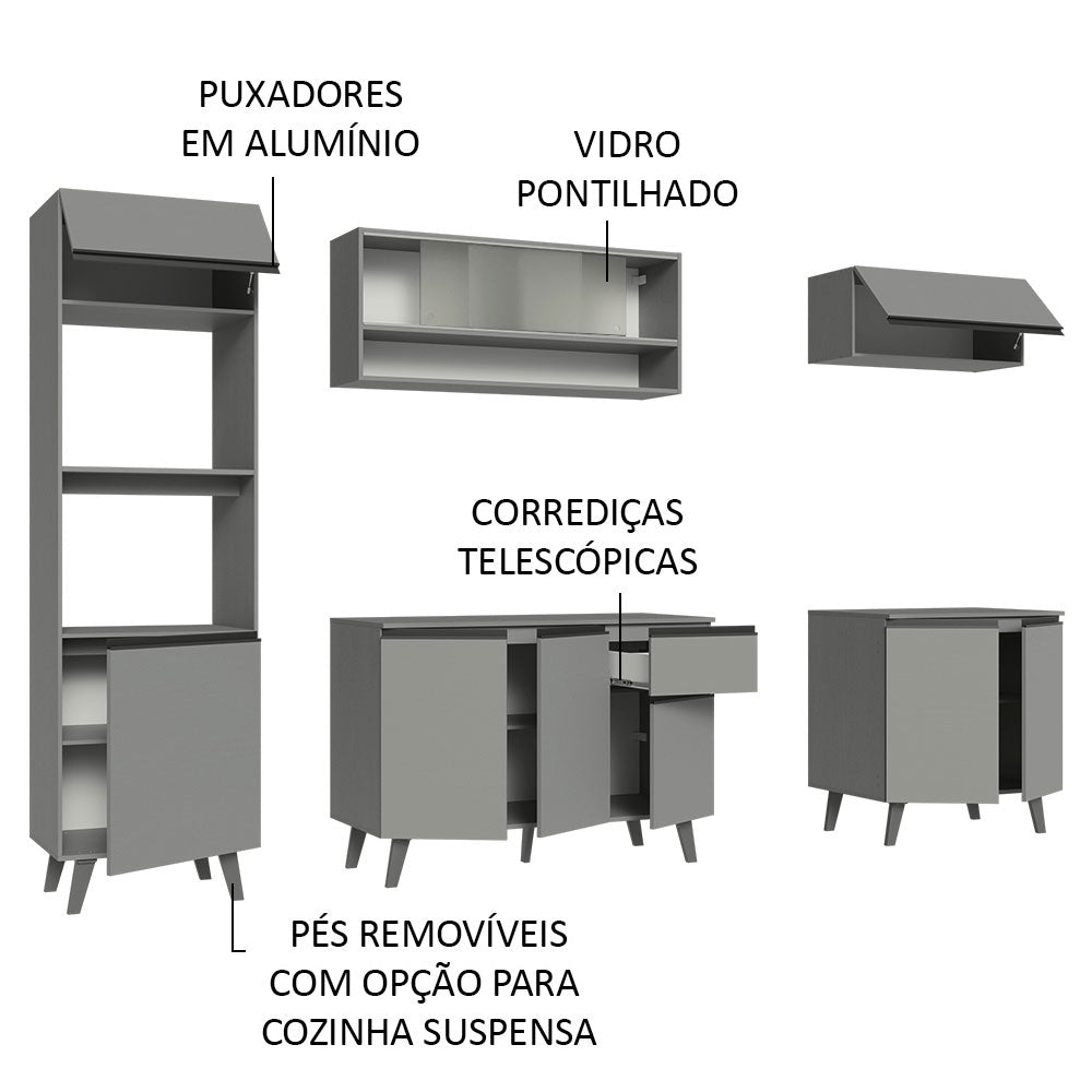 Armário de Cozinha Completa 260cm Cinza Nice Madesa 02