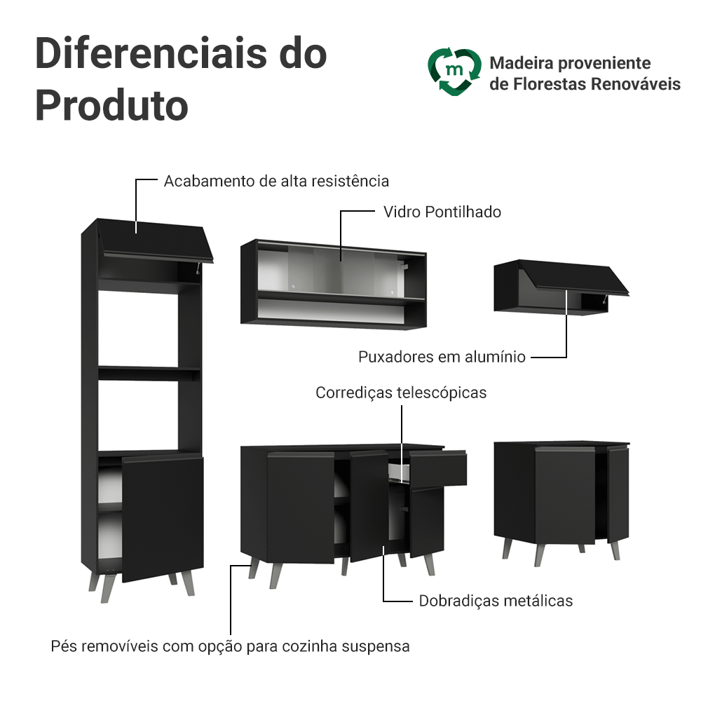 Armário de Cozinha Completa 260 cm Preto Nice Madesa 02