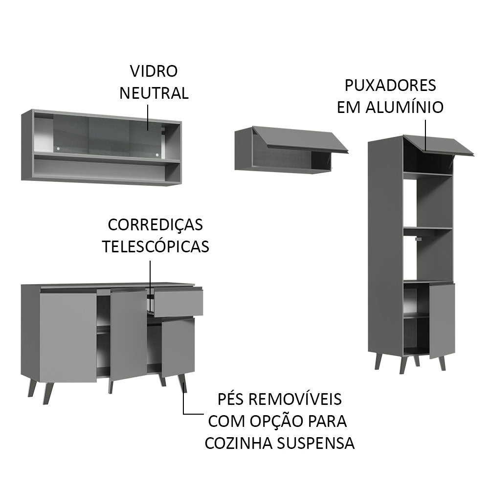 Armário de Cozinha Completa 260cm Cinza Nice Madesa 08