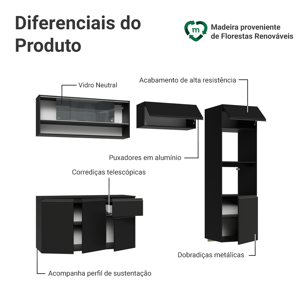 Armário de Cozinha Completa 260 cm Suspenso Preto Nice Madesa 10