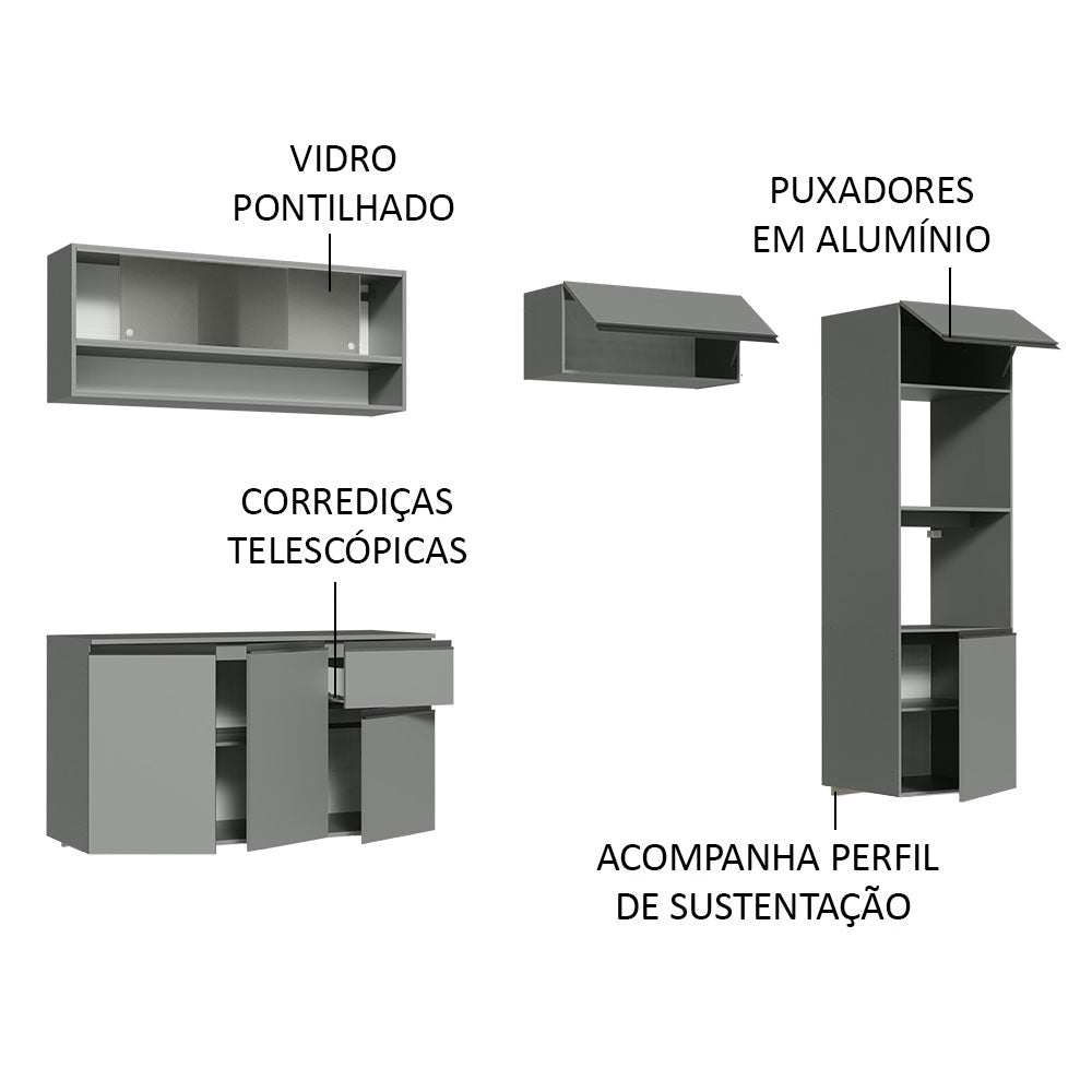Armário de Cozinha Completa Suspenso 260cm Cinza Nice Madesa 11