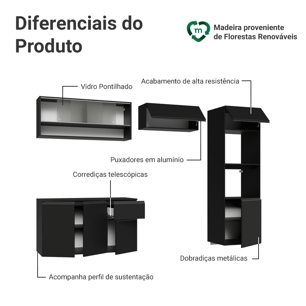 Armário de Cozinha Completa 260 cm Suspenso Preto Nice Madesa 11
