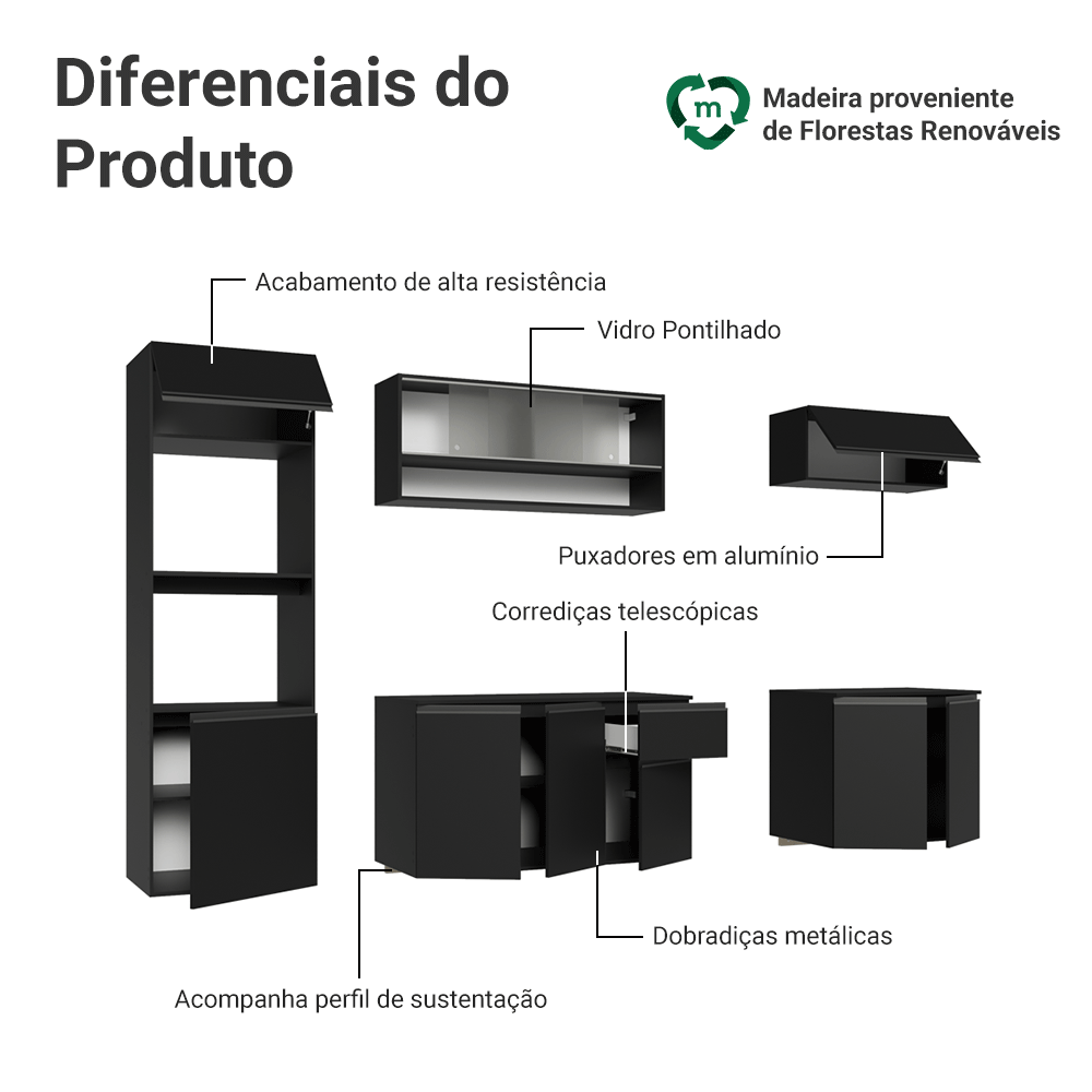 Armário de Cozinha Completa 260 cm Suspenso Preto Nice Madesa 015