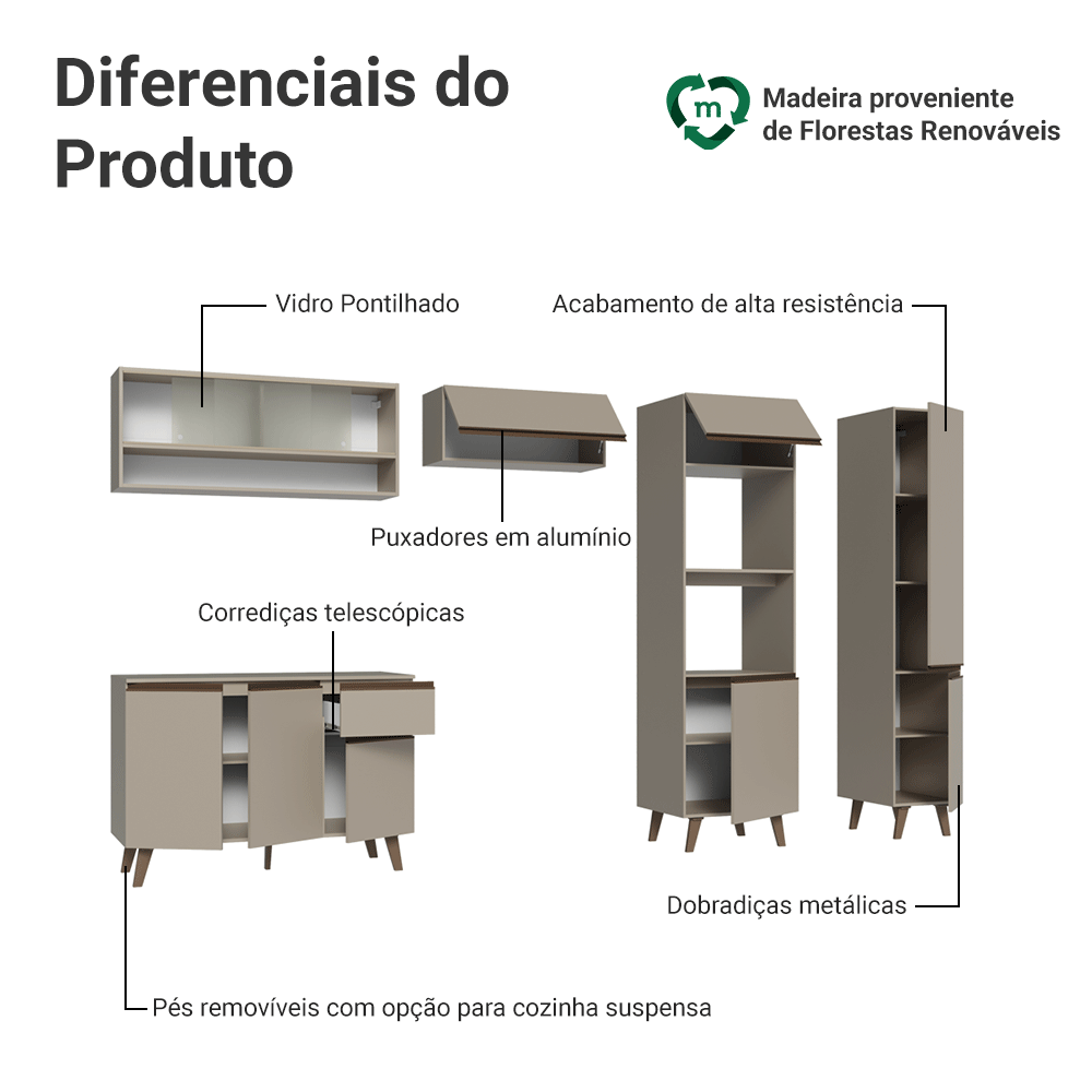 Armário de Cozinha Completa 300cm Crema Nice Madesa 08