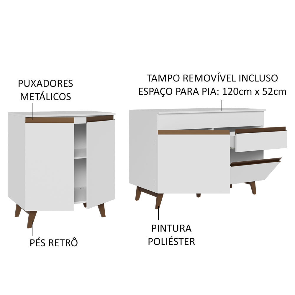 Kit com 2 Balcões de Cozinha Madesa Reims 4 Portas 1 Gaveta (Com Tampo) Branco