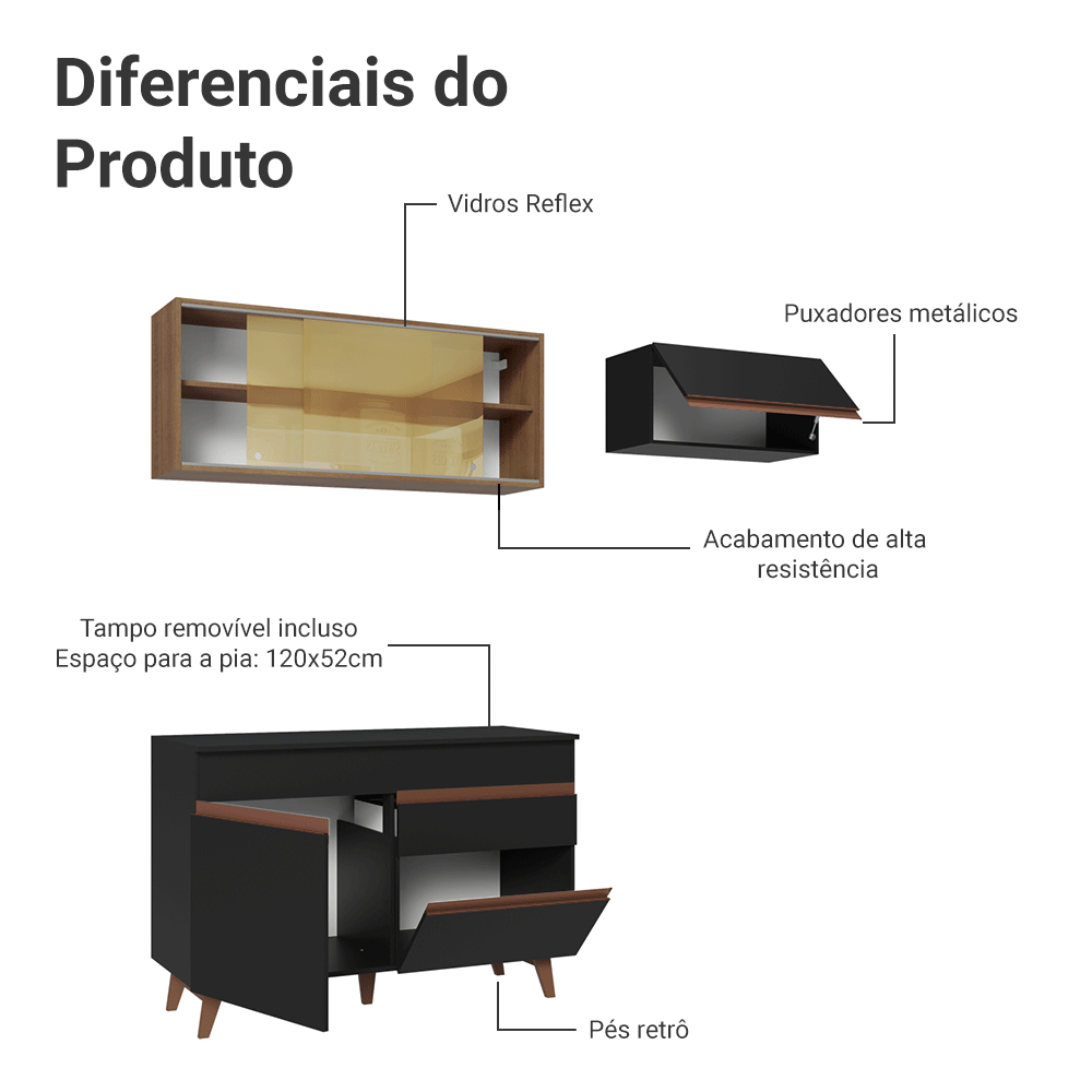 Armário de Cozinha Compacta 190cm Preto/Rustic Reims Madesa 05