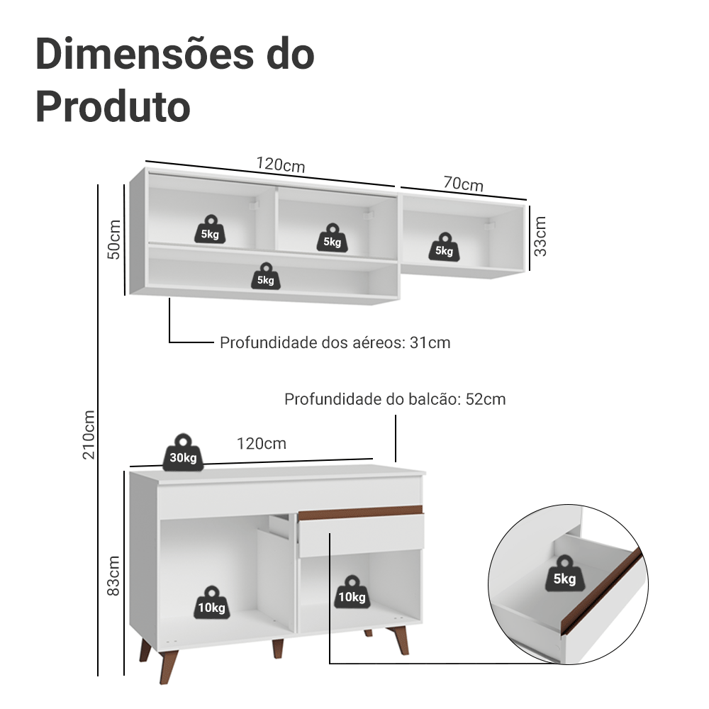Armário de Cozinha Compacta 190cm Branco Reims Madesa 06