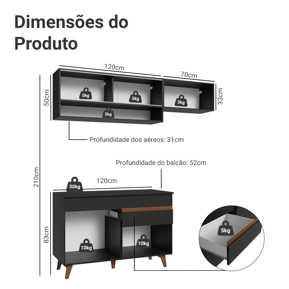 Armário de Cozinha Compacta 190cm Preto Reims Madesa 06