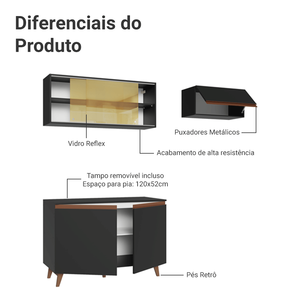 Armário de Cozinha Compacta 190cm Preto Reims Madesa 09
