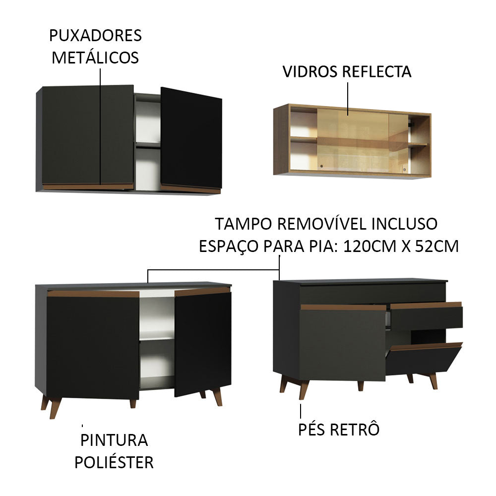 Armário de Cozinha Completa 240cm Preto/Rustic Reims Madesa 01