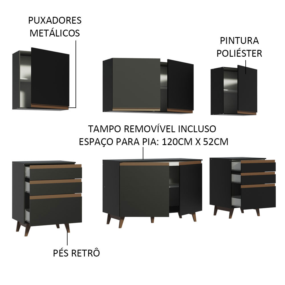 Armário de Cozinha Completa 240cm Preto/Rustic Reims Madesa 02
