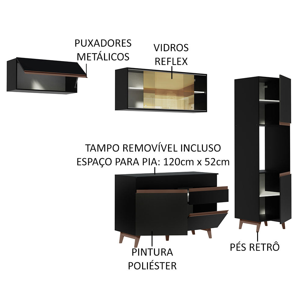 Armário de Cozinha Completa 250cm Preto Reims Madesa 03
