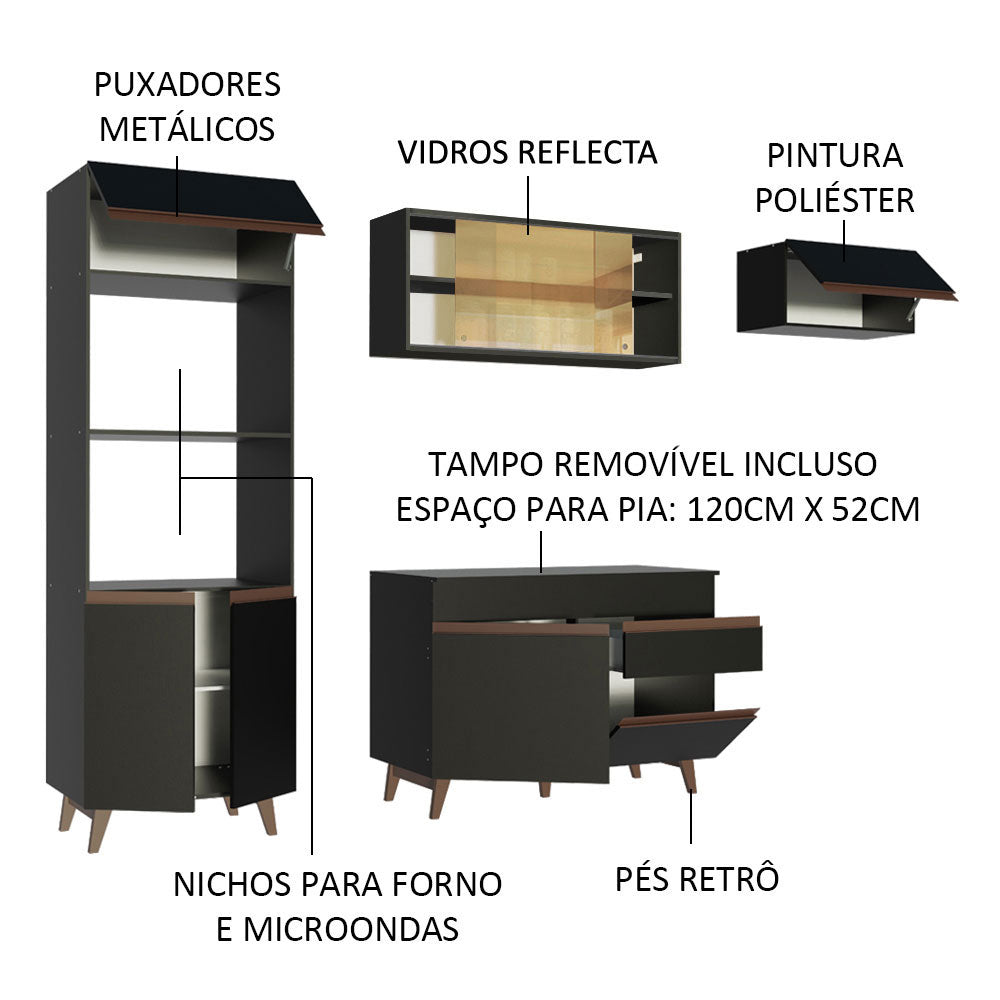 Armário de Cozinha Completa 260cm Preto Reims Madesa 01