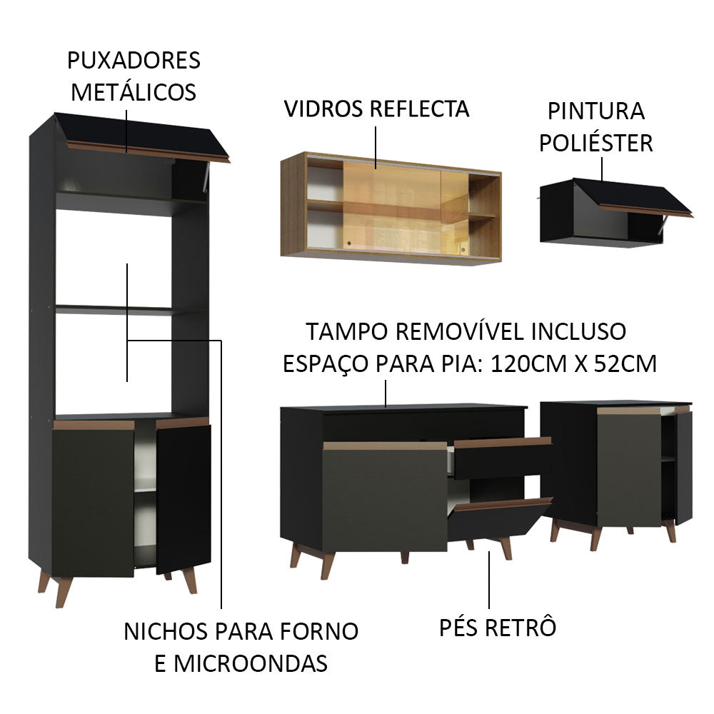 Armário de Cozinha Completa 260cm Preto/Rustic Reims Madesa 02