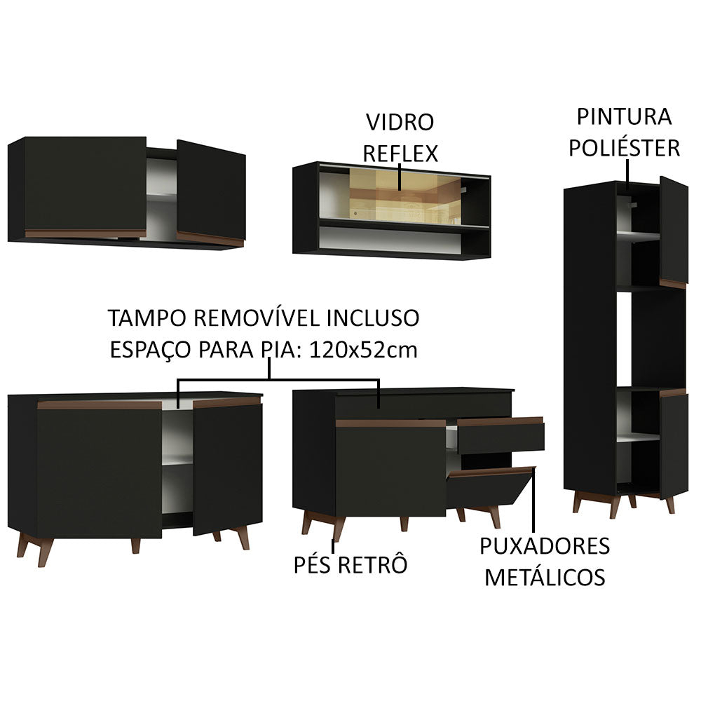 Armário de Cozinha Completa 300cm Preto Reims Madesa 02