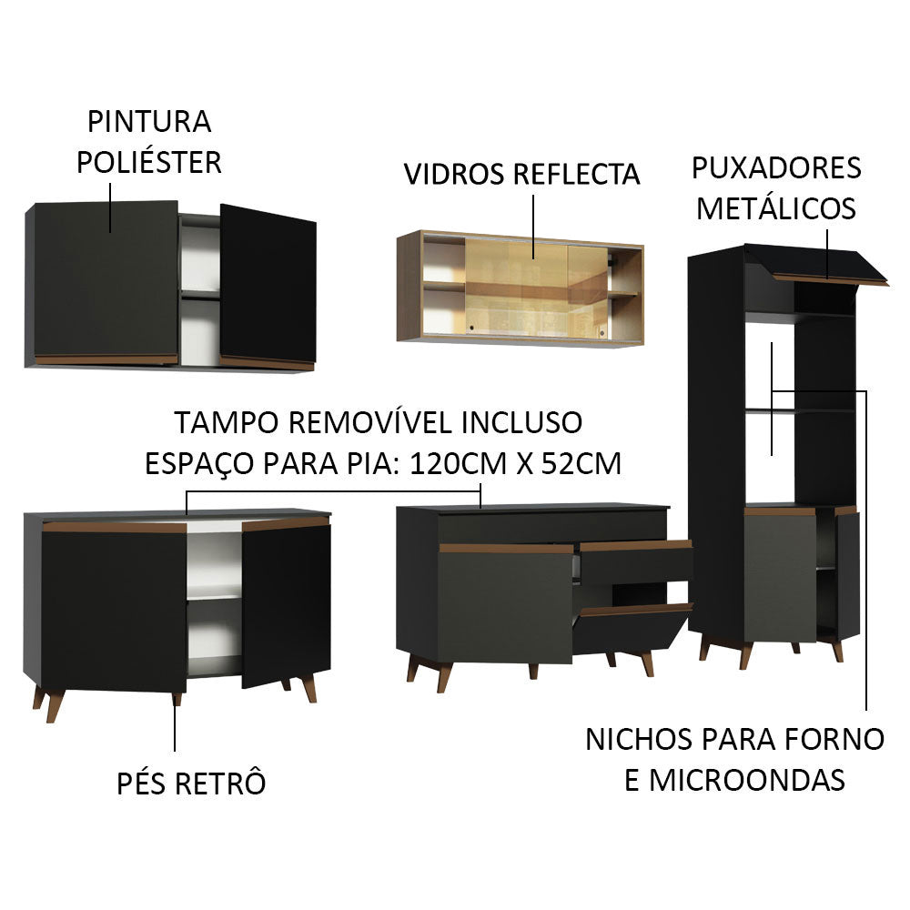 Armário de Cozinha Completa 310cm Preto/Rustic Reims Madesa 01
