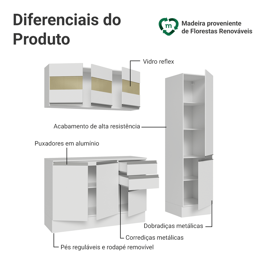 Armário de Cozinha Compacta 100% MDF 170 cm Branco Smart Madesa 02