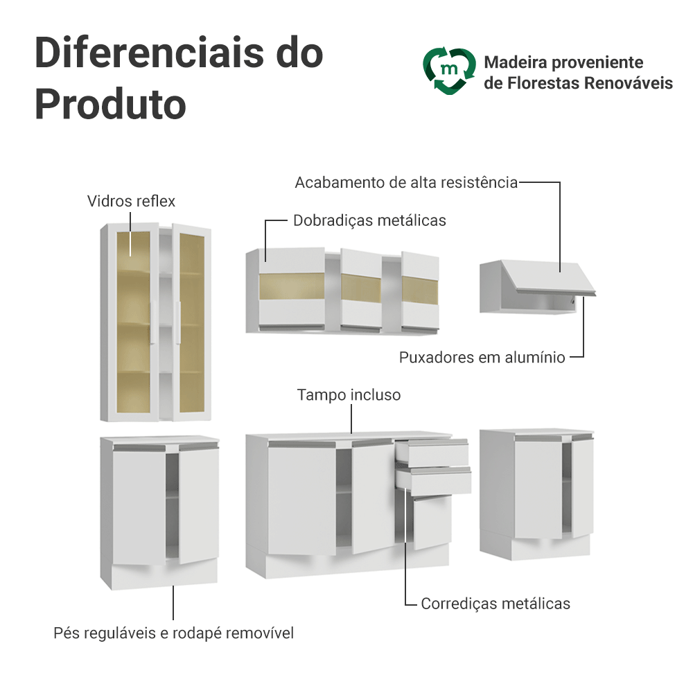 Armário de Cozinha Completa 100% MDF 240 cm Branco Smart Madesa 01