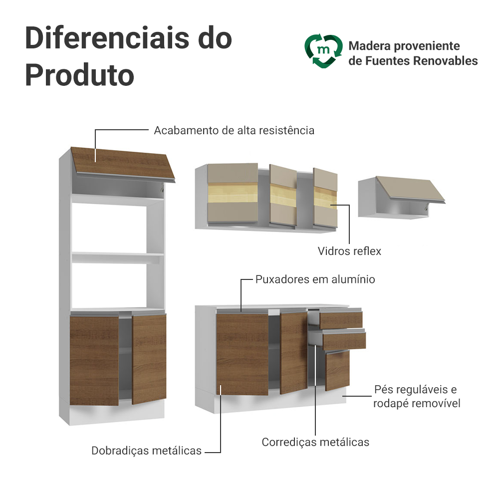 Armário de Cozinha Completa 100% MDF 250cm Branco/Rustic/Crema Smart Madesa 03