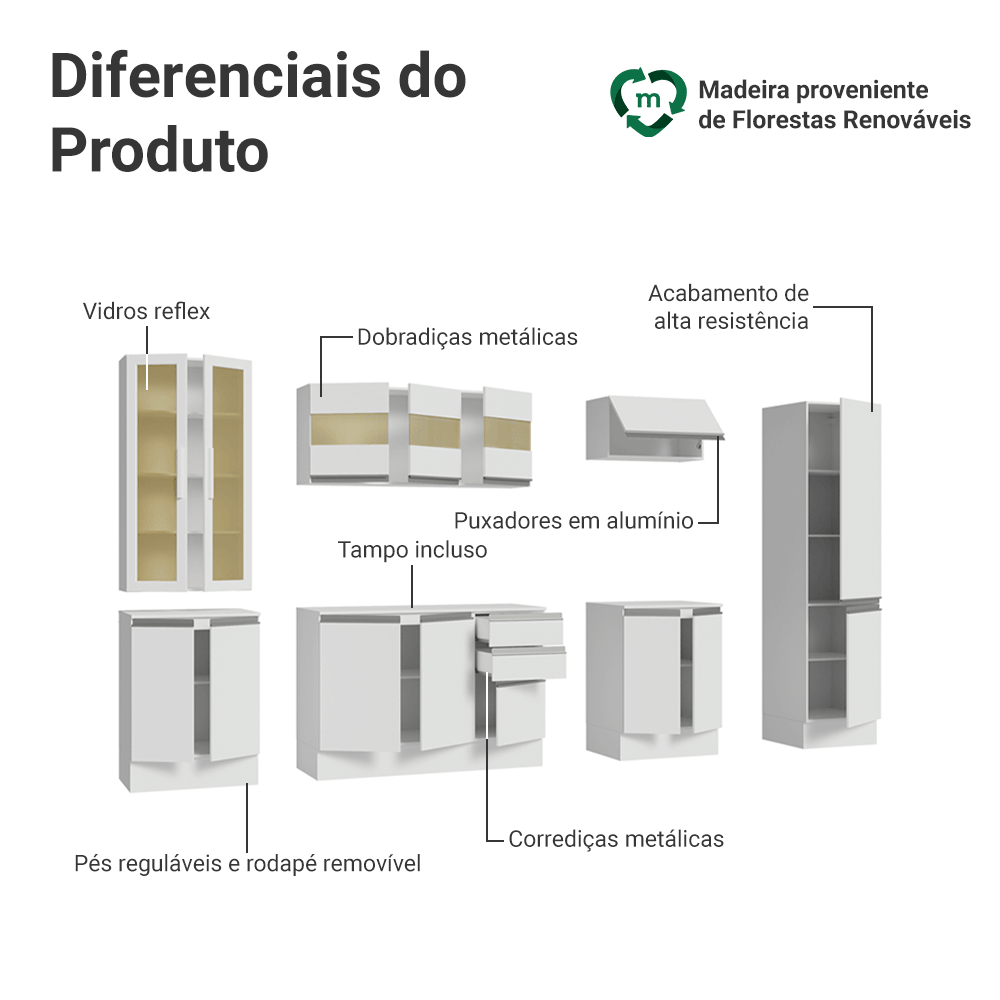 Armário de Cozinha Completa 100% MDF 290 cm Branco Smart Madesa 01