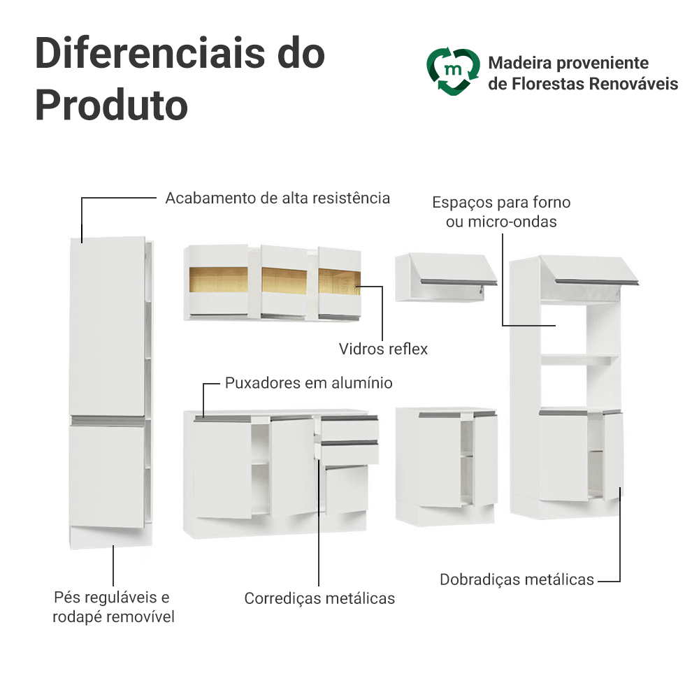Armário de Cozinha Completa 100% MDF 300 cm Frentes Branco Smart Madesa 01