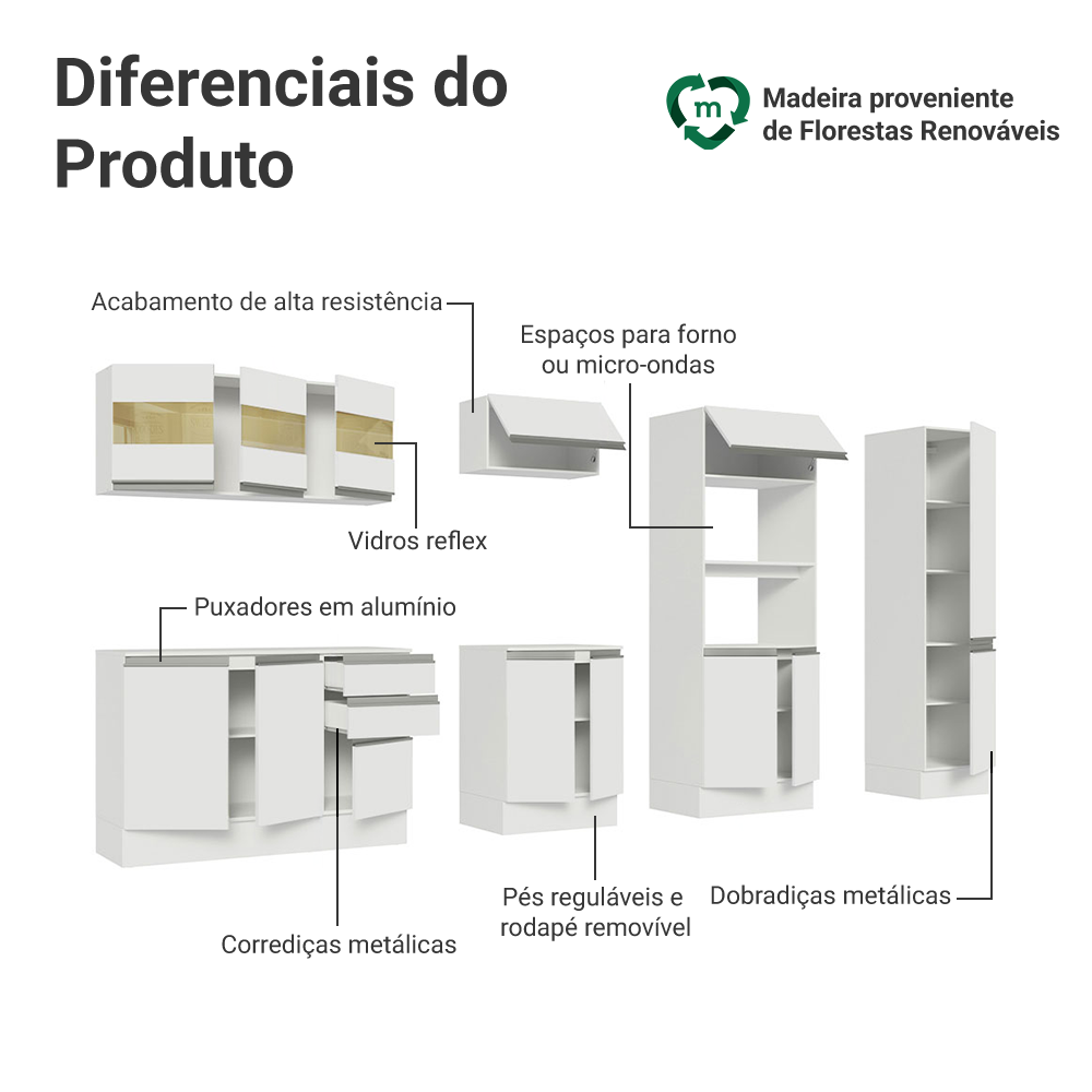 Armário de Cozinha Completa 100% MDF 300cm Branco Smart Madesa 02