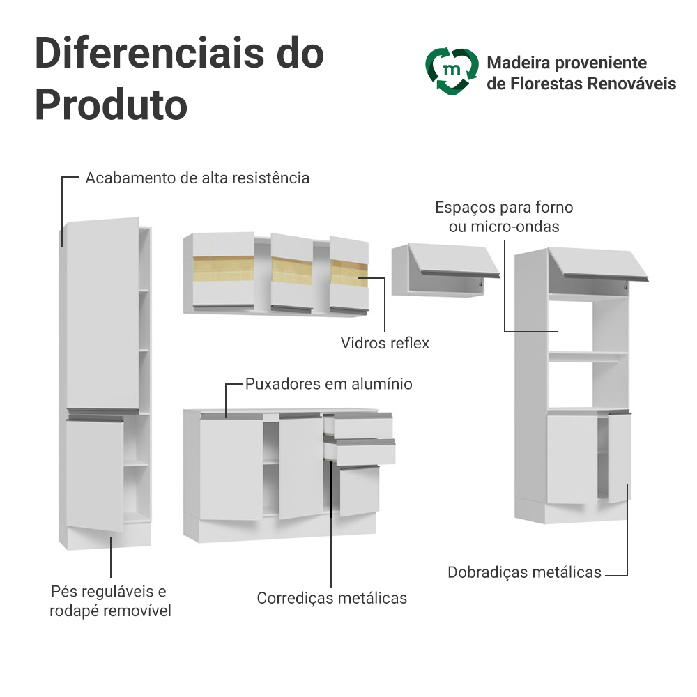 Armário de Cozinha Completa 100% MDF 300cm Branco Smart Madesa 03