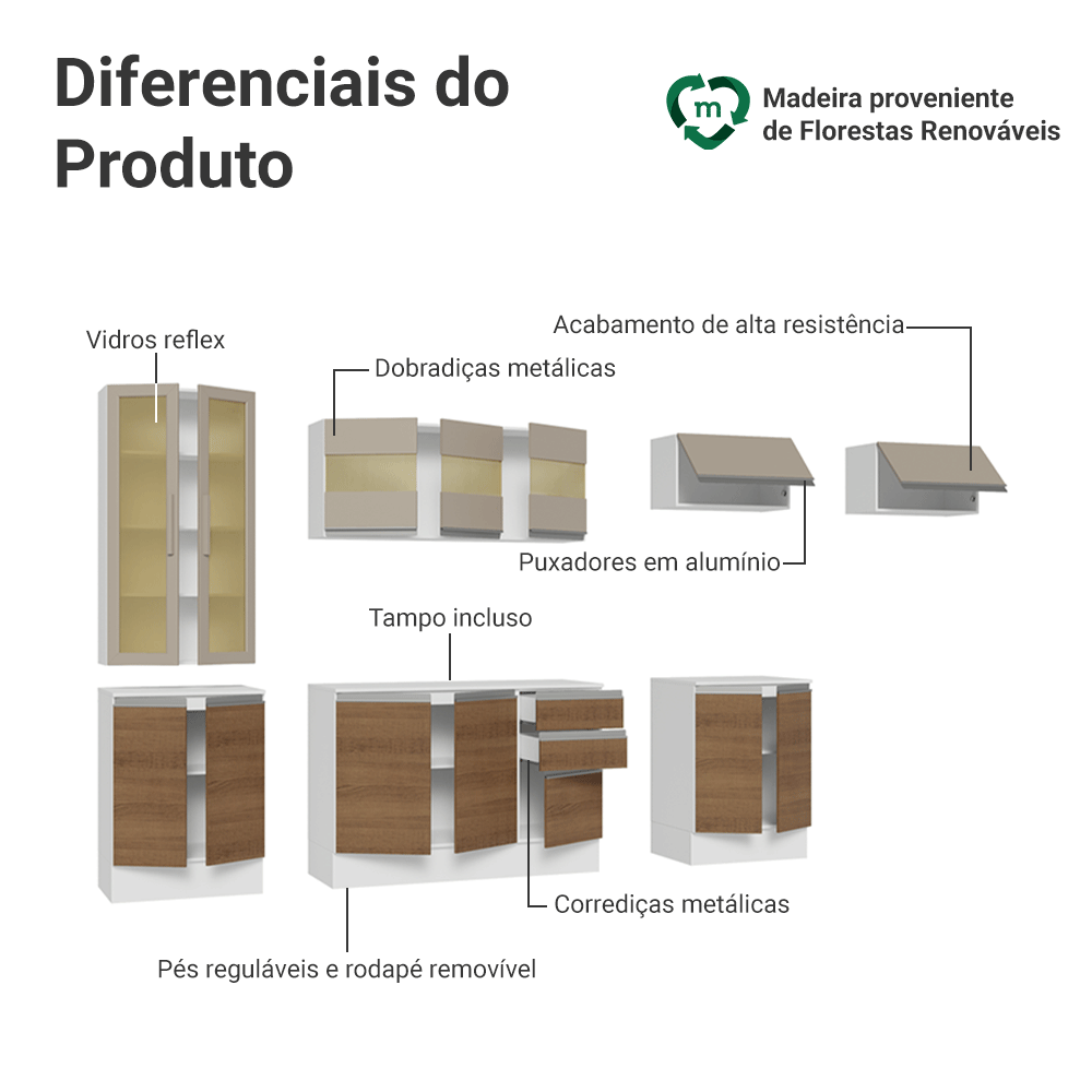 Armário de Cozinha Completa 100% MDF 300 cm Branco/Rustic/Crema Smart Madesa 04