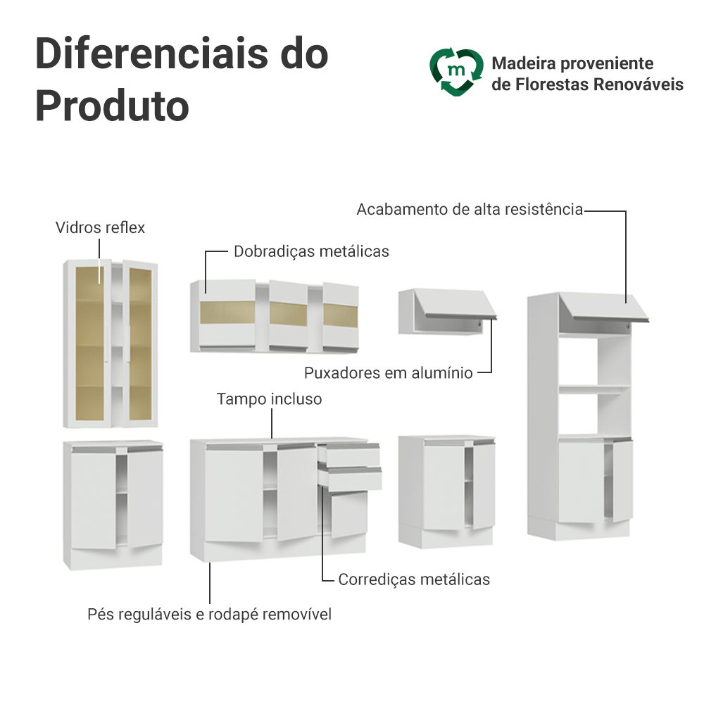 Armário de Cozinha Completa 100% MDF 310 cm Branco Smart Madesa 03