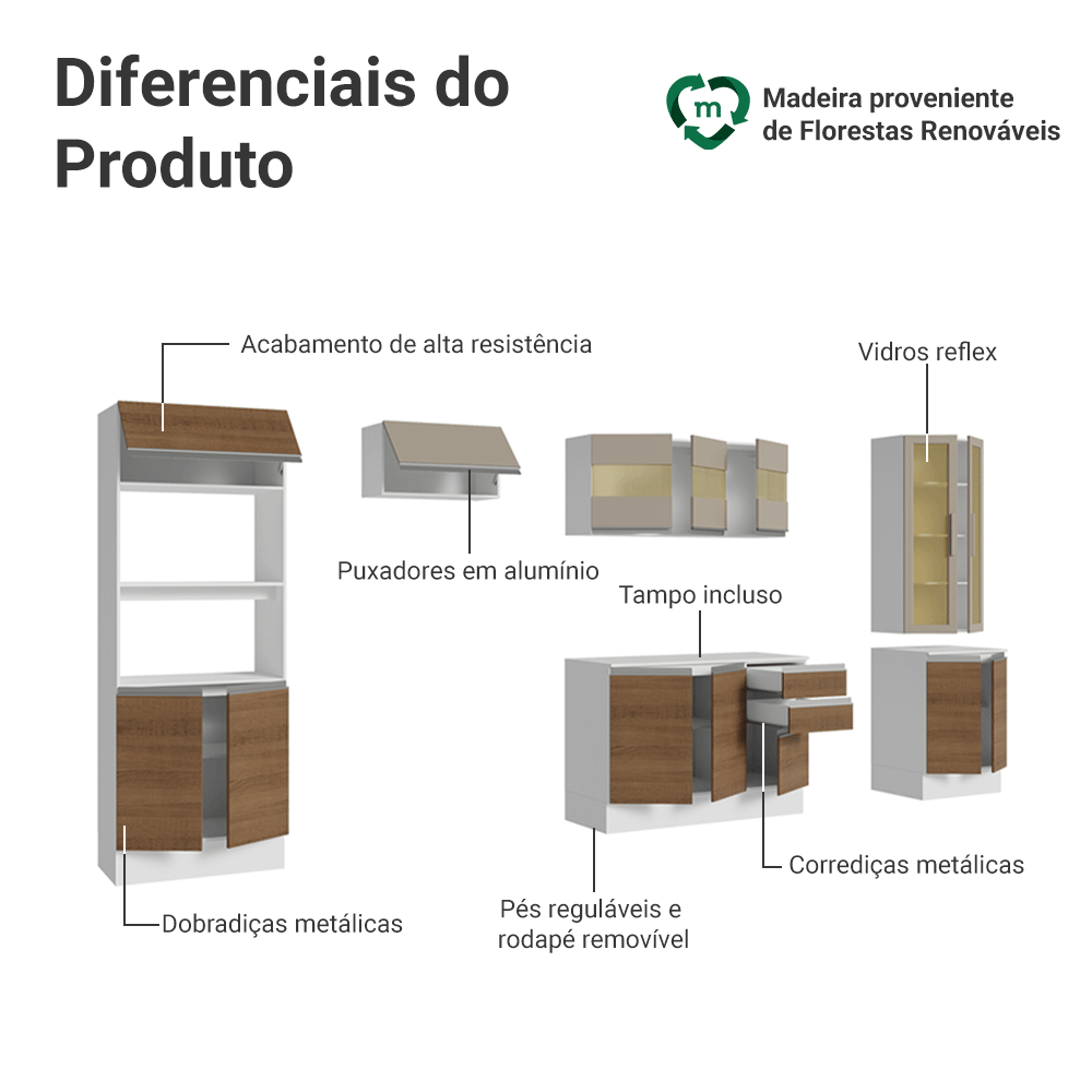 Armário de Cozinha Completa 100% MDF 310 cm Branco/Rustic/Crema Smart Madesa 04