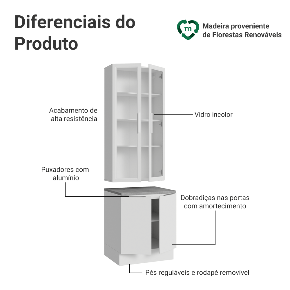 Kit Balcão + Cristaleira 70cm Branco Stella Madesa 02