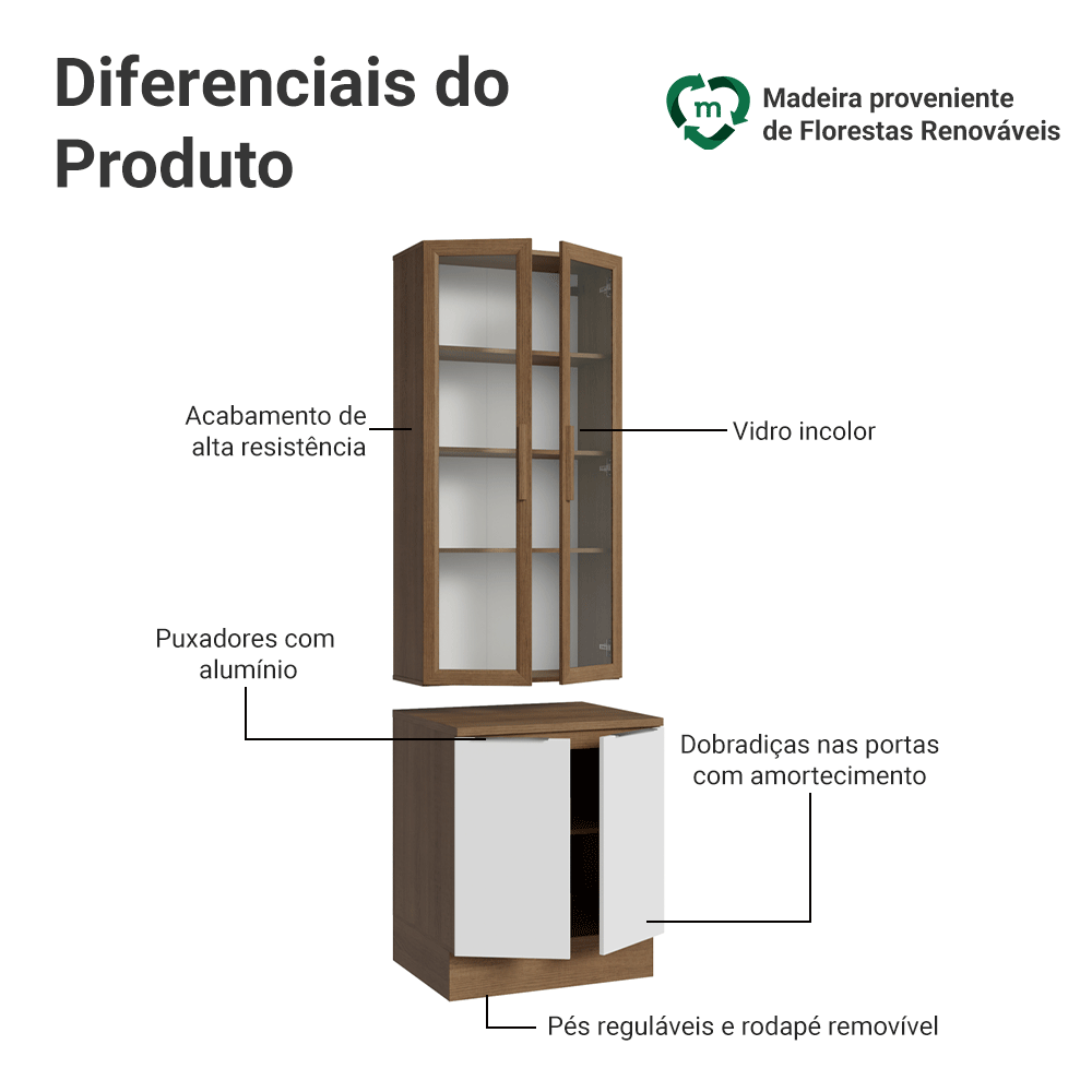 Kit Balcão + Cristaleira 70cm Rustic/Branco Stella Madesa 02