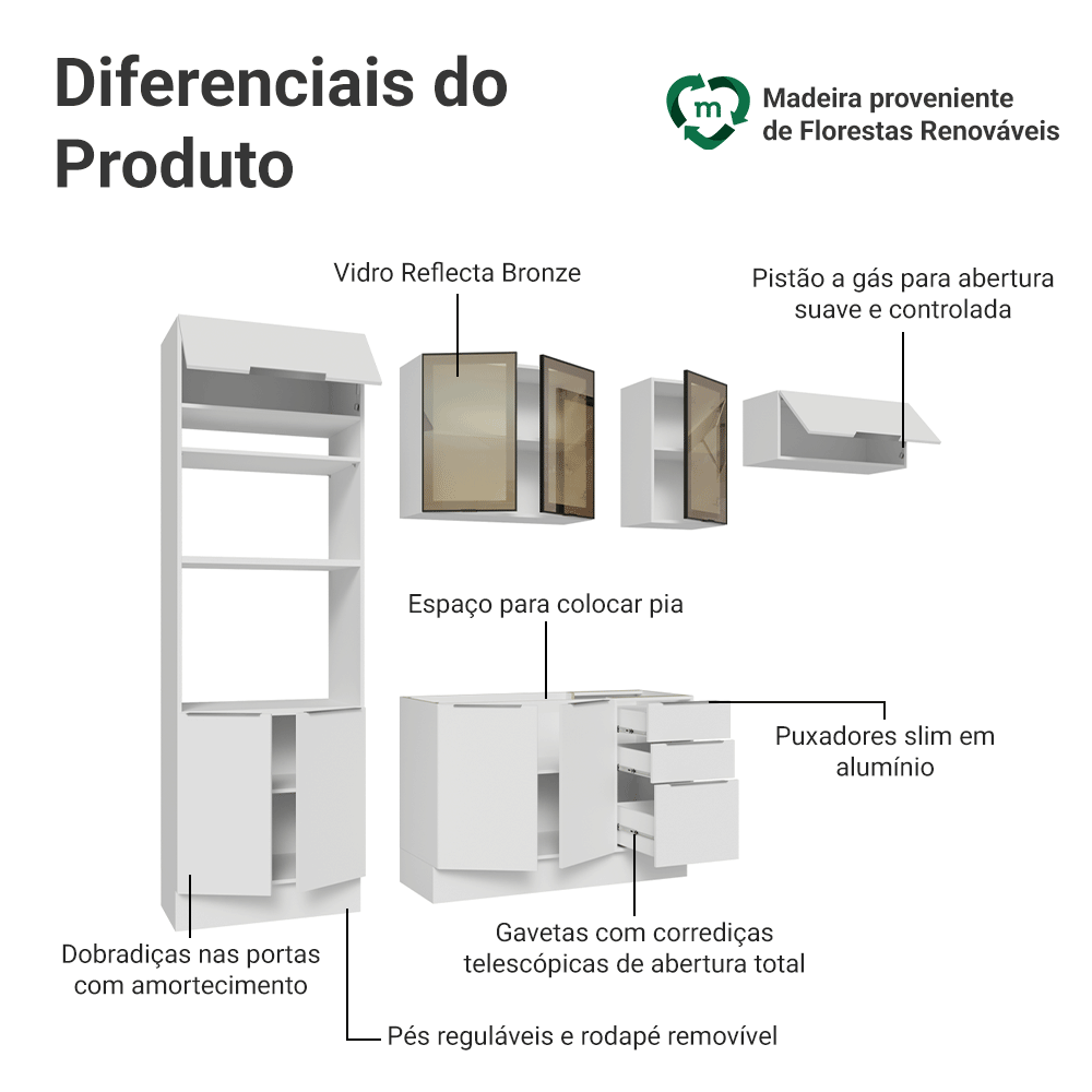 Armário de Cozinha Completa 270 cm Branco Stella Madesa 12
