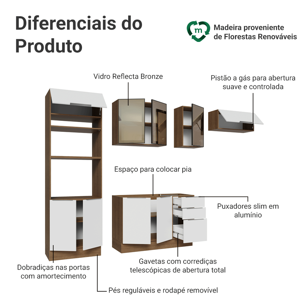 Armário de Cozinha Completa 270 cm Rustic/Branco Stella Madesa 12