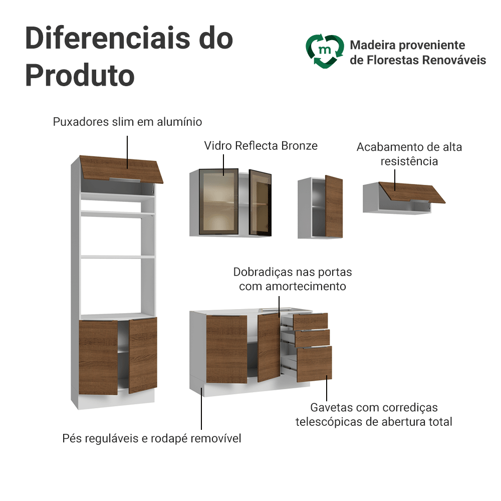 Armário de Cozinha Completa 270 cm Branco/Rustic Stella Madesa 13