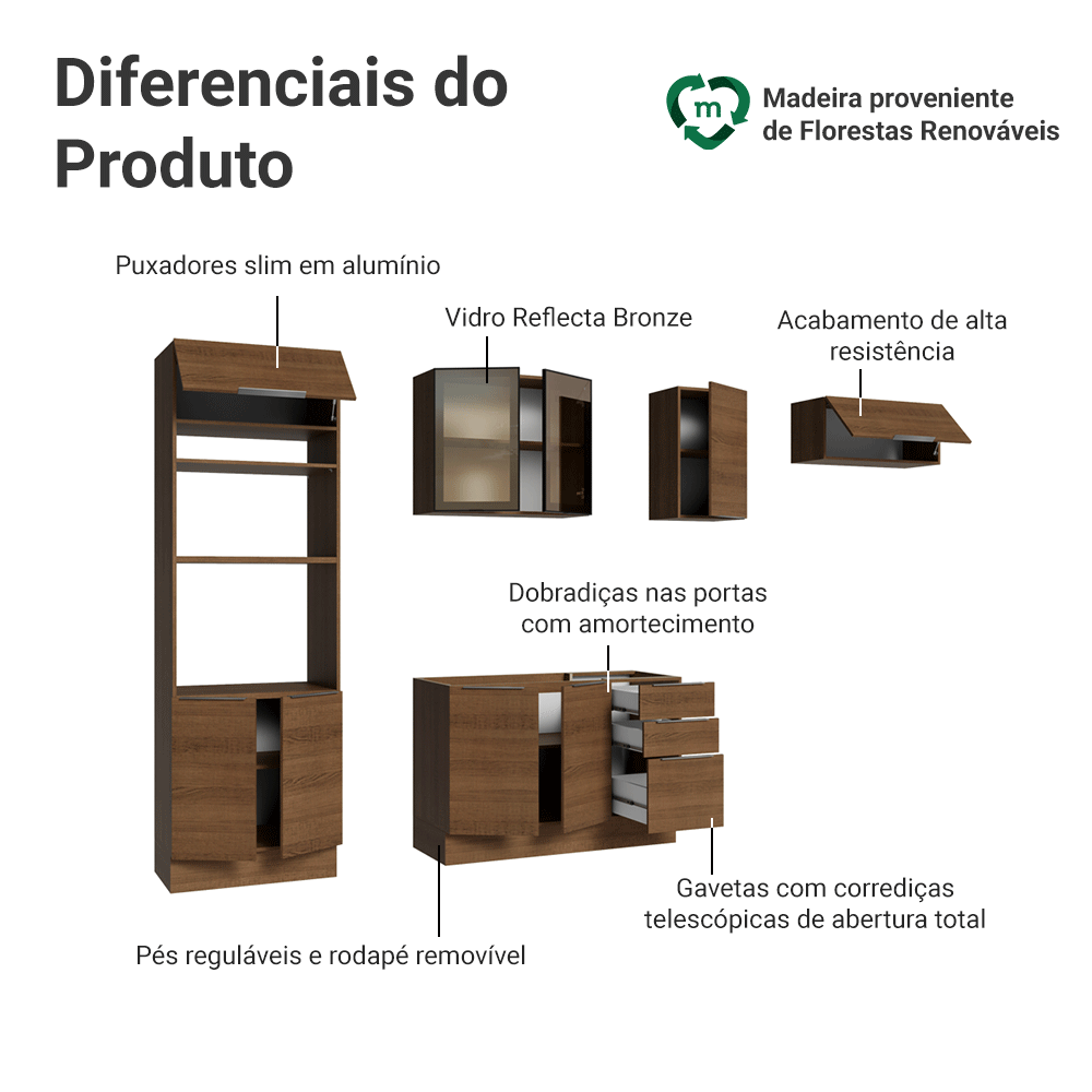 Armário de Cozinha Completa 270 cm Rustic Stella Madesa 13