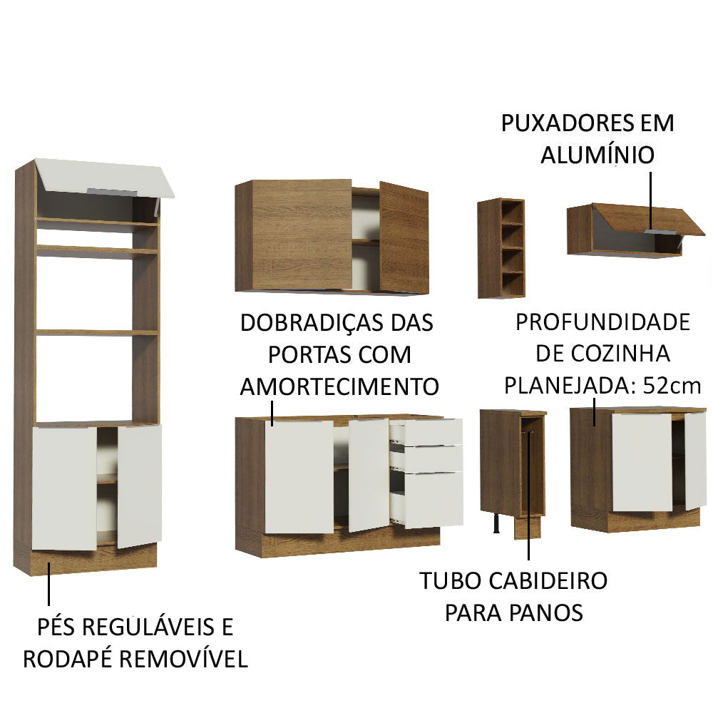 Armário de Cozinha Completa 290cm Rustic/Branco/Rustic Stella Madesa 01