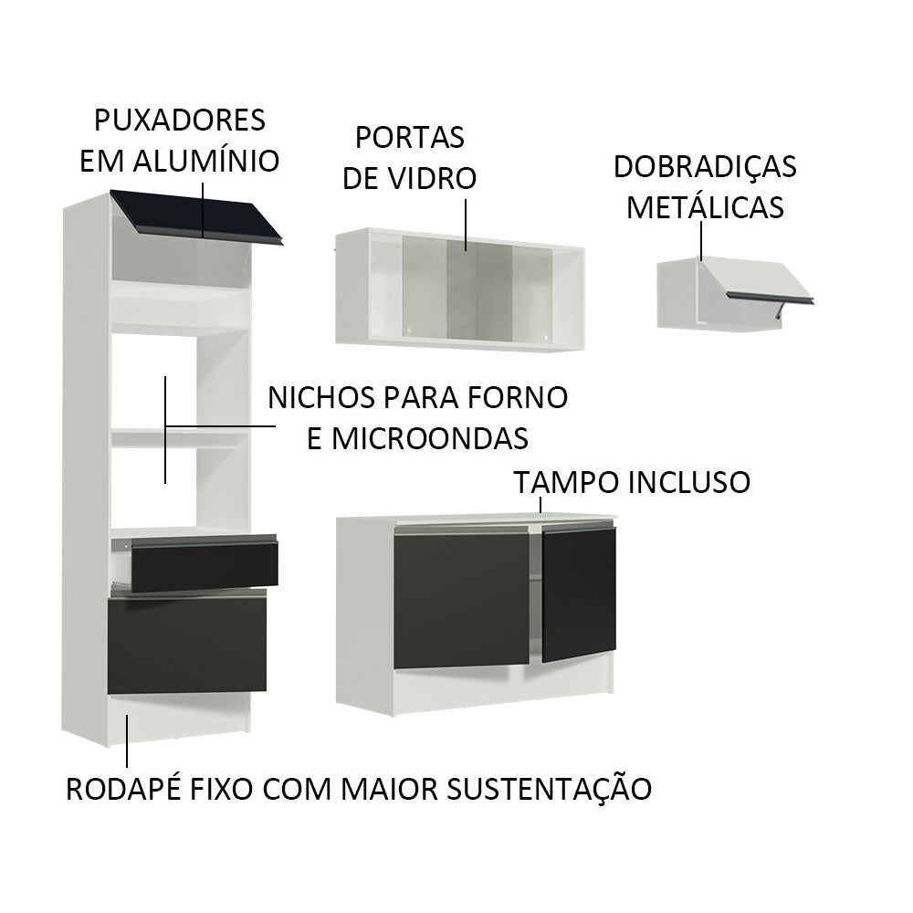 Armário de Cozinha Completa 240cm Branco/Preto/Branco Topazio Madesa 01