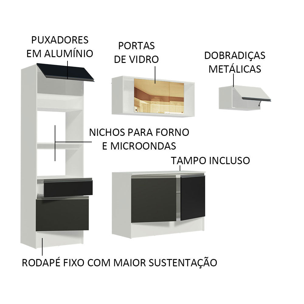 Armário de Cozinha Completa 240cm Branco/Preto/Branco Diamante Madesa 02