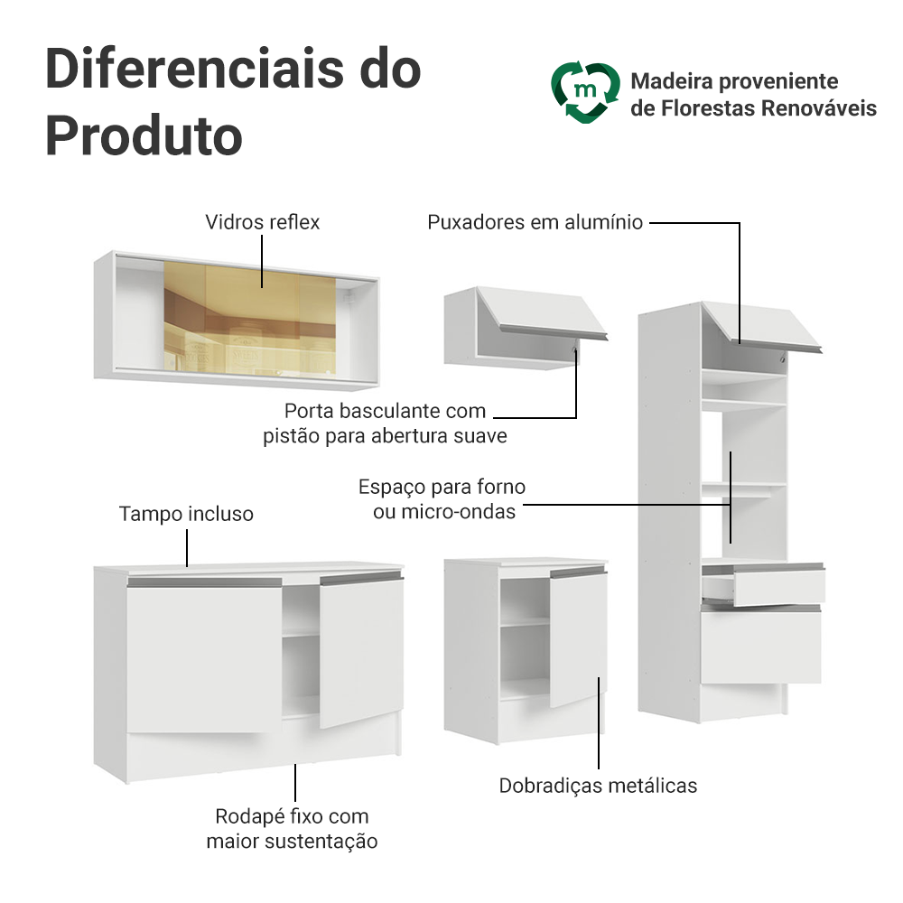 Armário de Cozinha Completa 240cm Branco Diamante Madesa 06