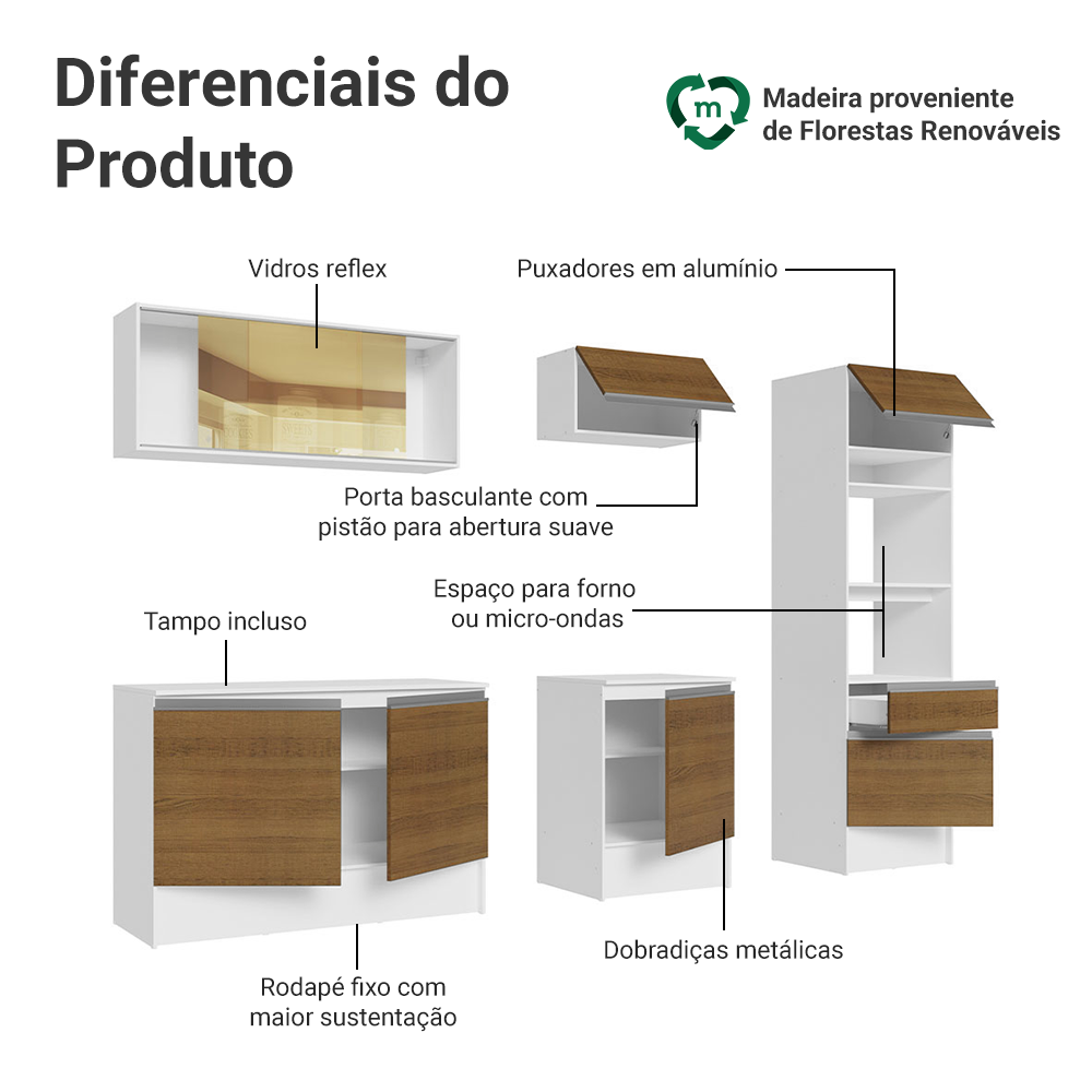 Armário de Cozinha Completa 240cm Branco/Rustic Diamante Madesa 06