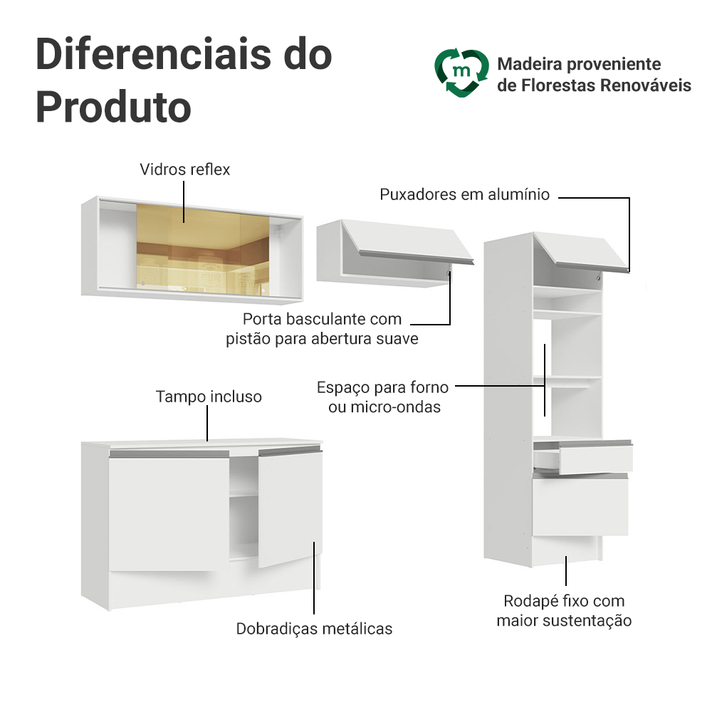 Armário de Cozinha Completa 260cm Branco Diamante Madesa 02