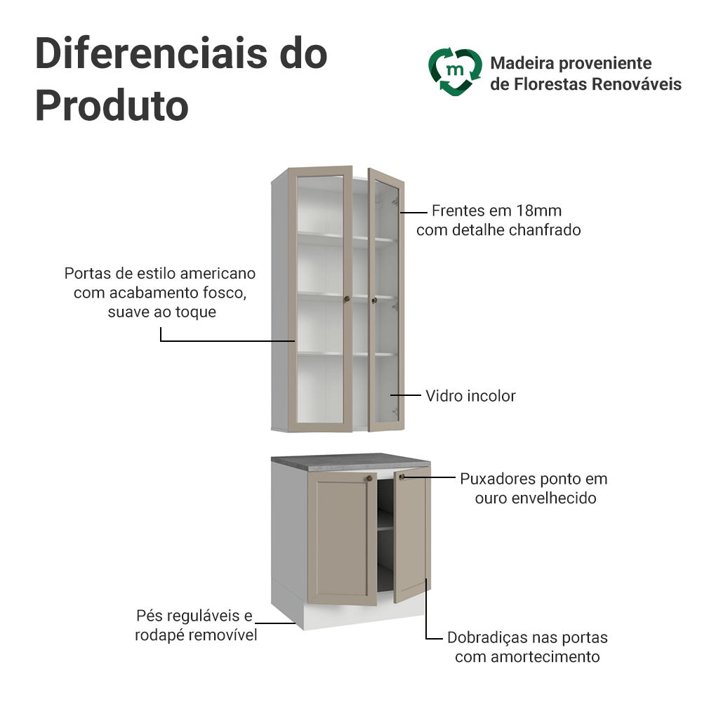 Kit Balcão + Cristaleira 70 cm Branco/Crema Vik Madesa 01