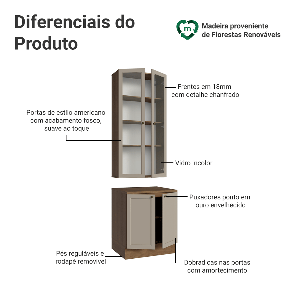 Kit Balcão + Cristaleira 70 cm Rustic/Crema Vik Madesa 01