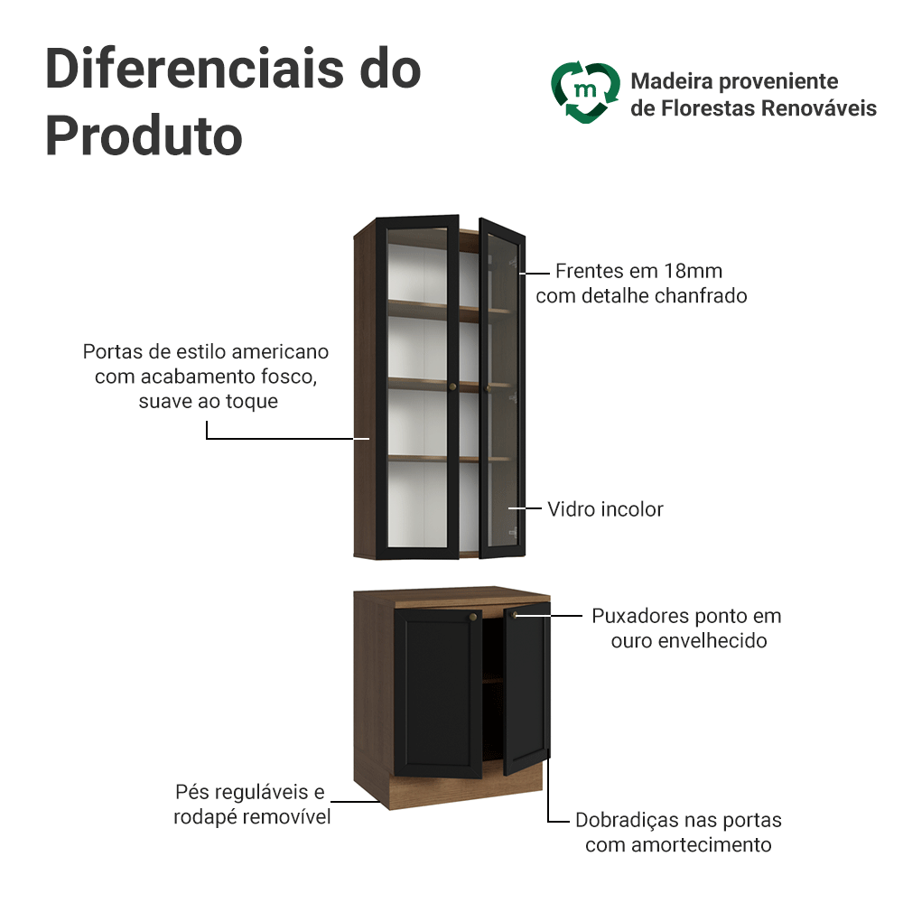 Kit Balcão + Cristaleira 70 cm Rustic/Preto Vik Madesa 01